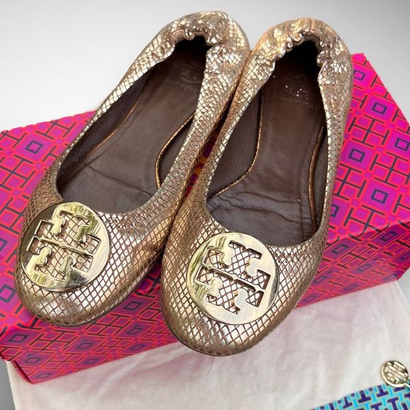 Tory Burch Gold Snakeskin Embossed Leather Reva Logo Ballerina Flats Sz 7(M) - Picture 12 of 14